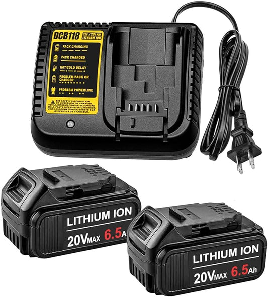 2Pack 6.5Ah Replacement Dewalt 20V Lithium Battery + Charger